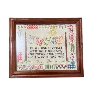 Vintage Framed Needlepoint Embroidered Art Clothes Line Cottage Grandmacore